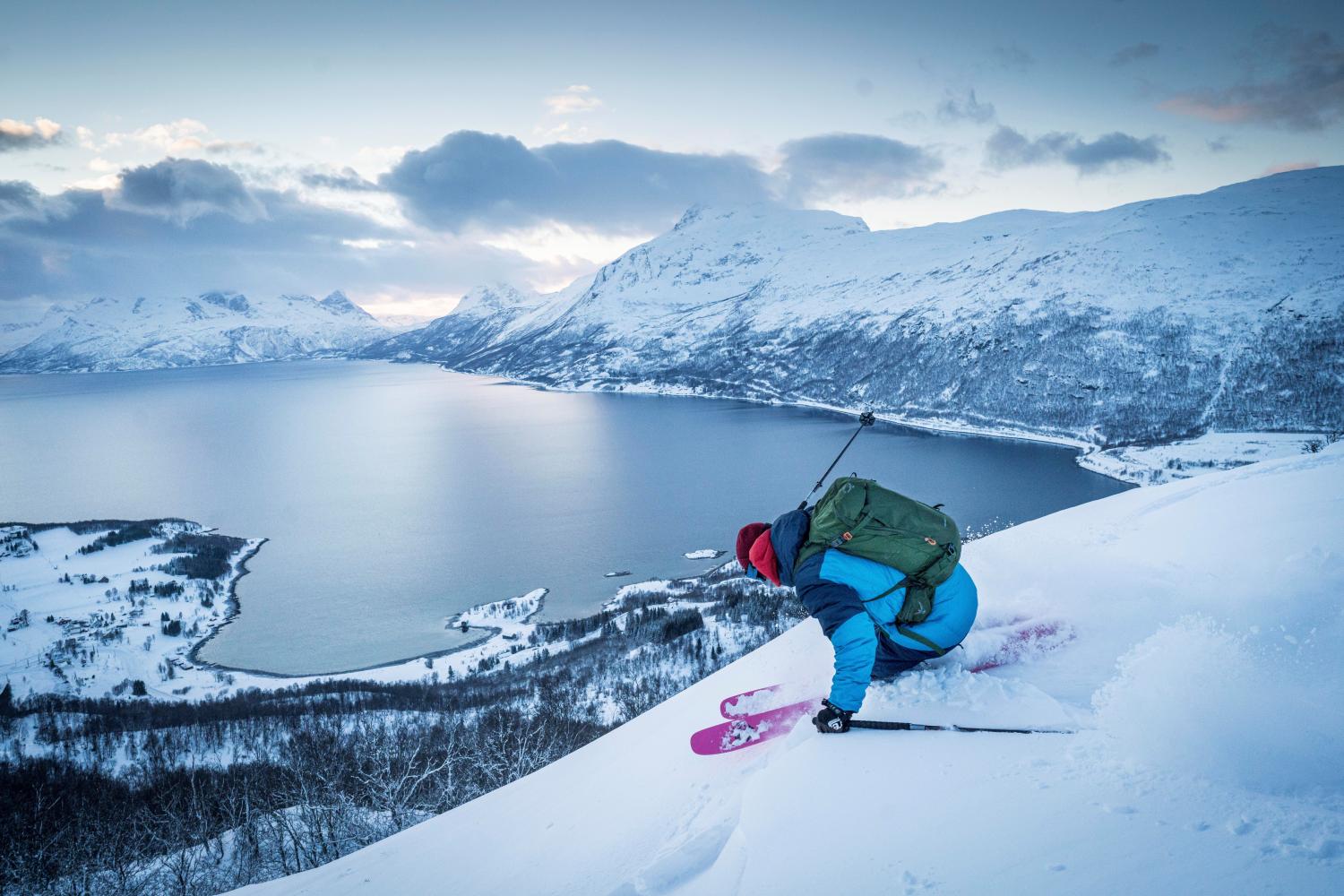 Tommaso Cardelli Skis Above Salangen Fjord