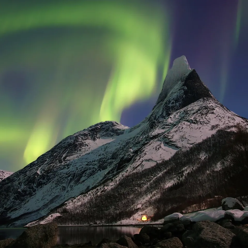 Grønt nordlys lyser over nasjonalfjellet Stetinden ved en stille fjord, med steiner og mørke trær i forgrunnen.