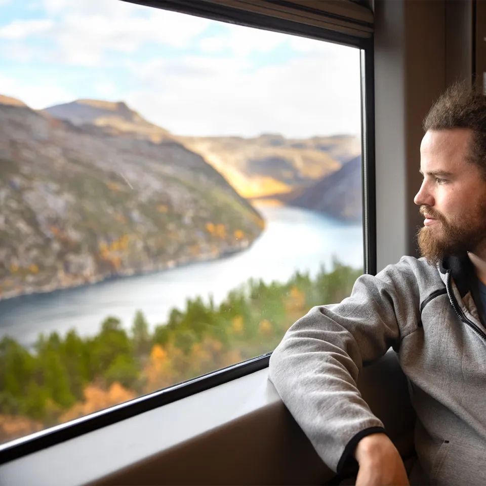 Person sitter ombord Arctic Train og ser ut mot Rombaksfjorden mellom fjell, med skog og høstfarger i forgrunnen.