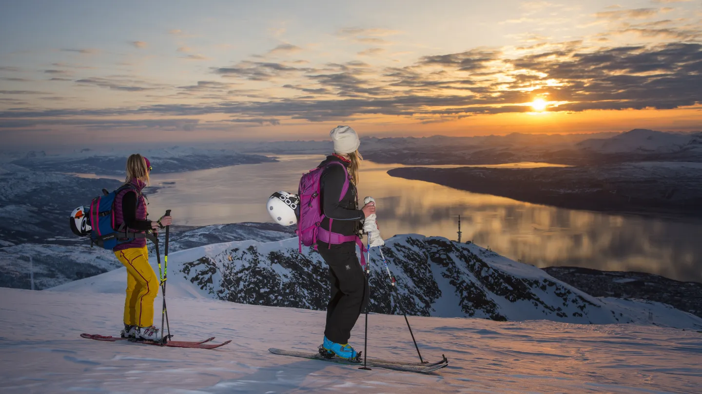 To alpinister på topptur skuer utover Narvik og Ofotfjorden i vår sol