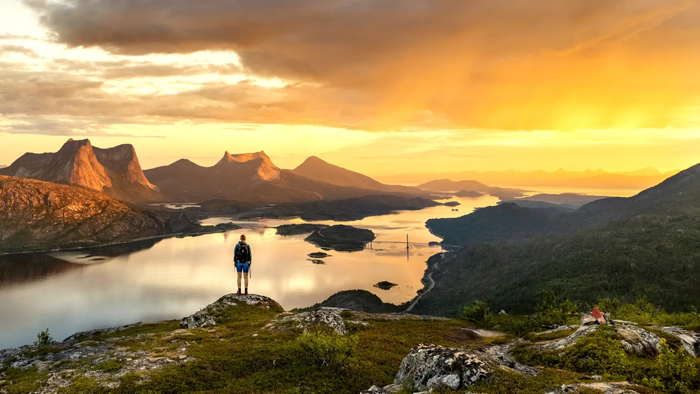 En person står på en fjellrygg i Efjord og ser utover landskapet av fjord med øyer og fjell badet i midnattsolen