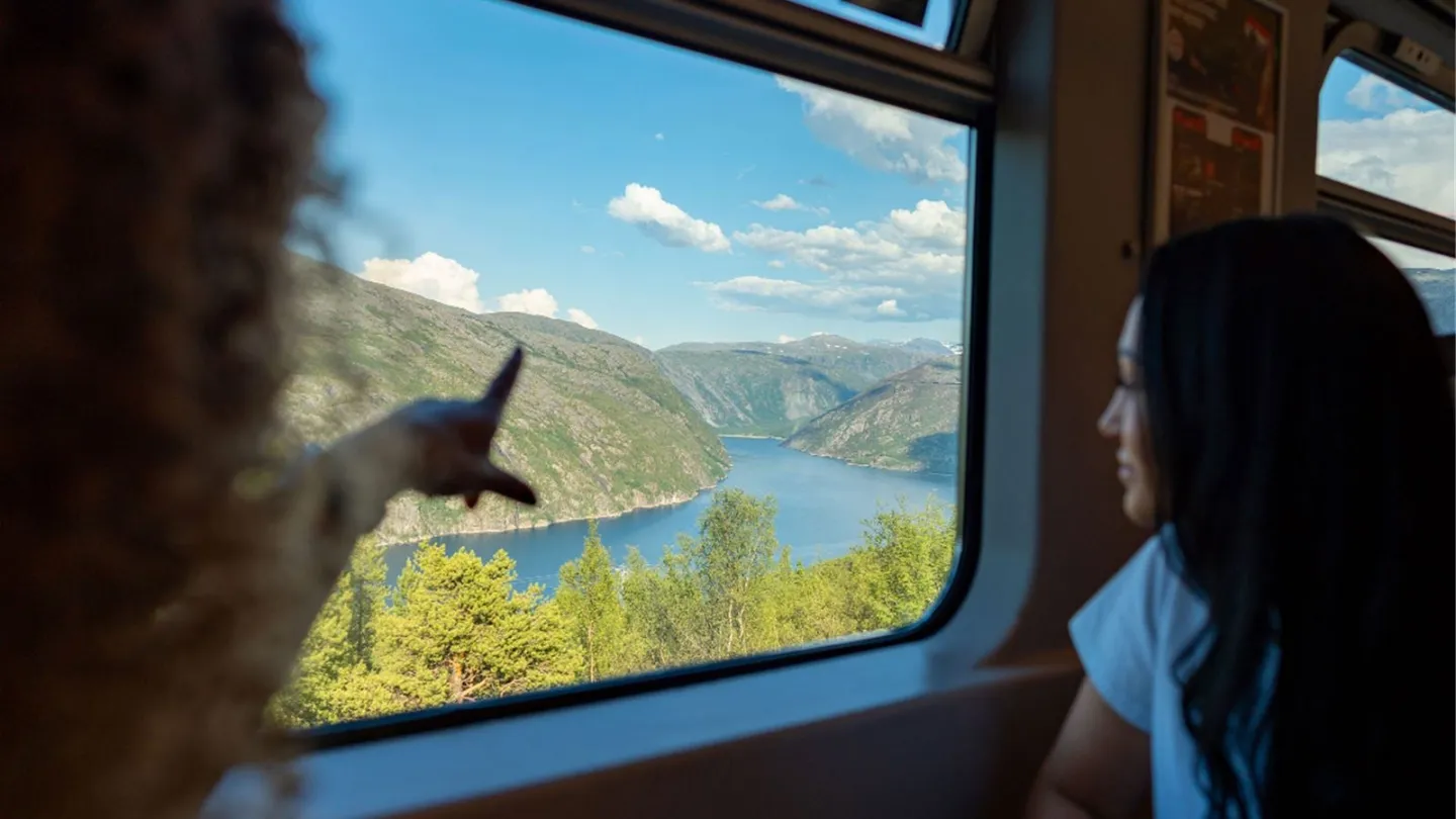 To passasjerer i et tog ser ut vinduet mot en blå fjord mellom grønne fjell under klar himmel.