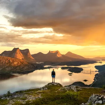En person står på en fjellrygg i Efjord og ser utover landskapet av fjord med øyer og fjell badet i midnattsolen