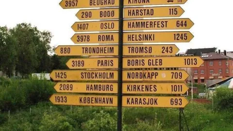 Et høyt veiskilt med mange gule piler som viser bynavn og avstander, plassert på en sokkel i en park.
